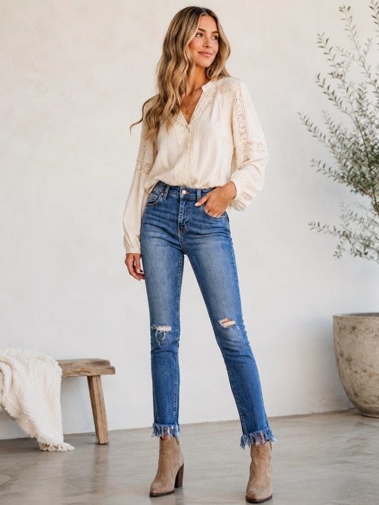 Free People Denim - Free People Great Heights Frayed Skinny Jeans 25 Distressed Raw Fringe Hem